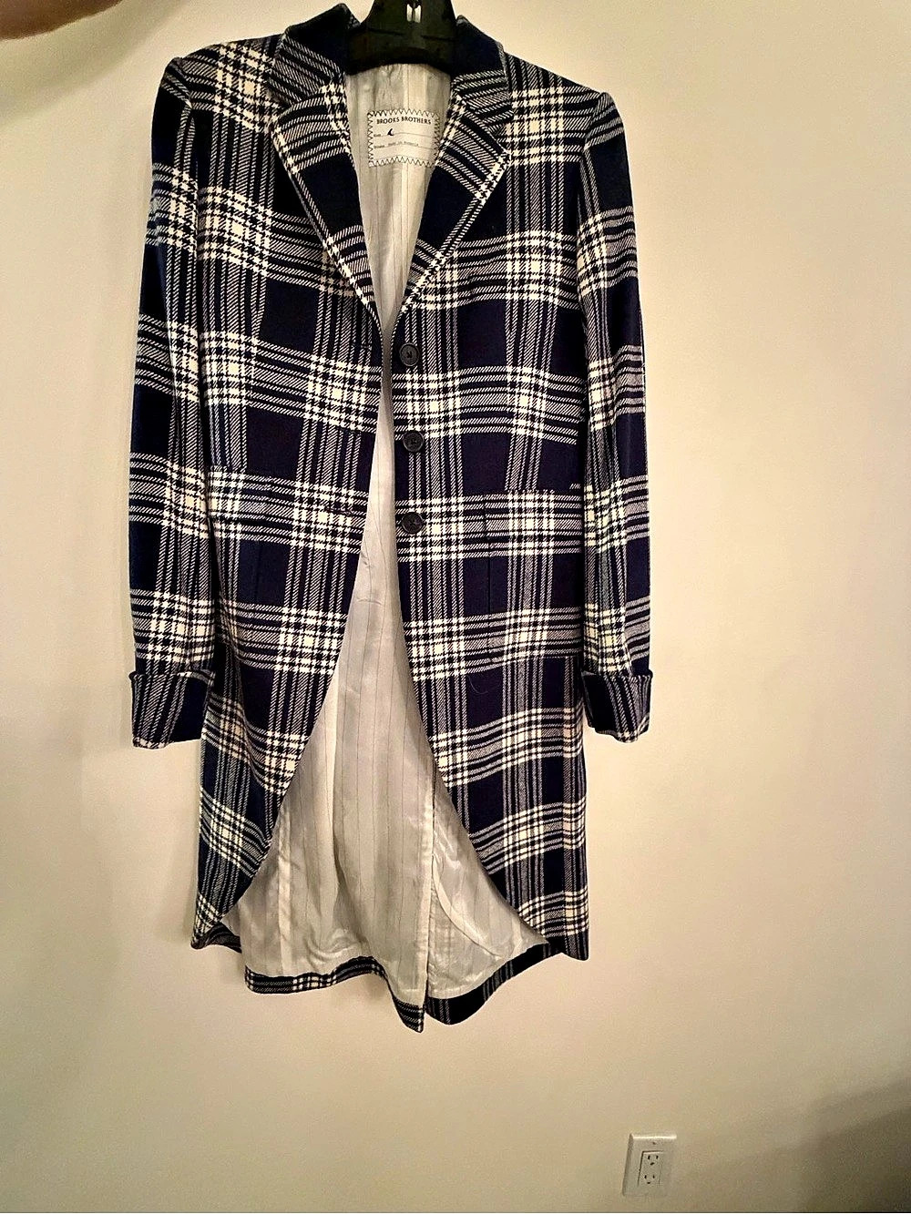 BrooksBrothets Black Fleece Plaid Long Coat in Blue & White Size BB2